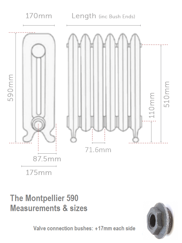 Montpellier 590 Cast Iron Radiator - 11 Sections, 590 x 822mm